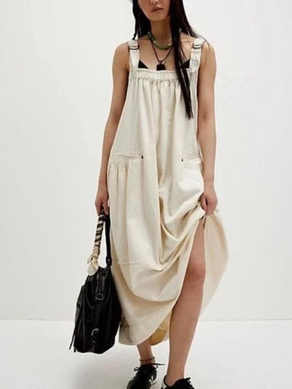 Free People Machu Barrel Midi Dress Ivory Sleeveless Lace Casual Pocket XL
